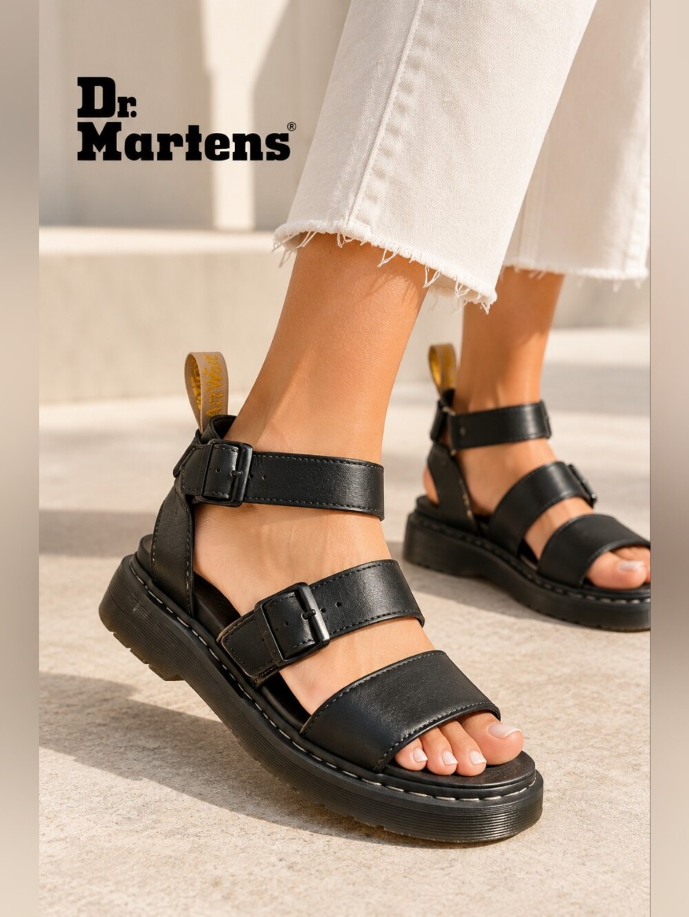 Dr. Martens Mattison Black Leather Platform Buckle Sandals Size 9
